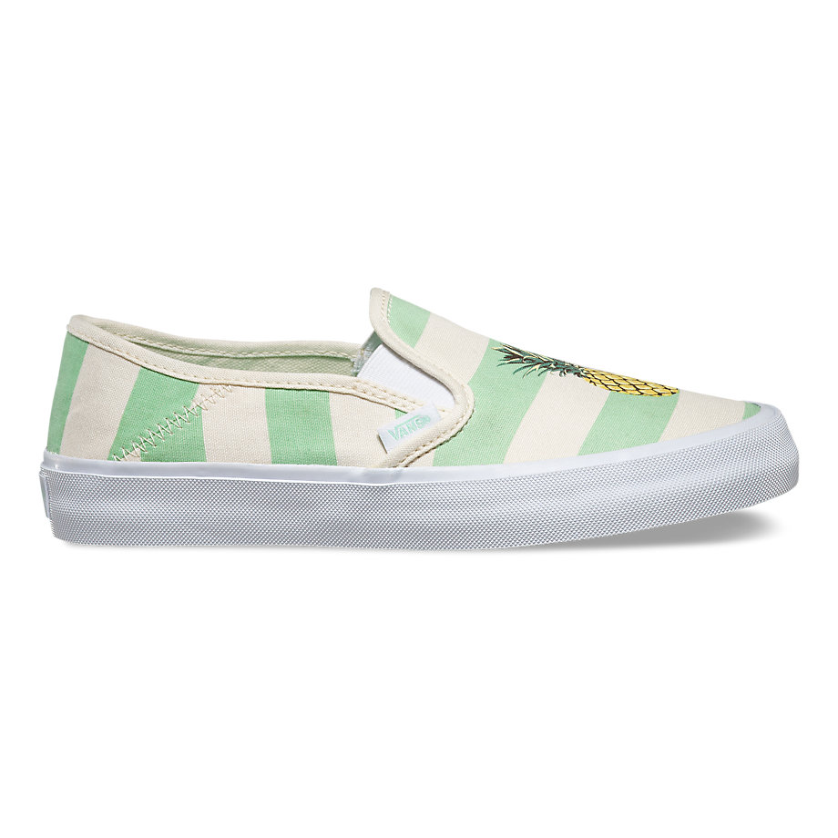 pastel green and white striped slip on shoes